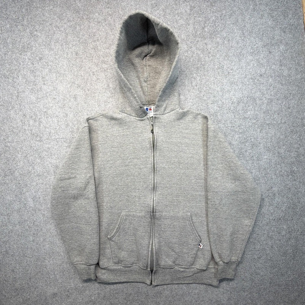 Vintage Russell Athletic Hoodie Gray Zip Up Sweatshirt Made in USA 90s Blank